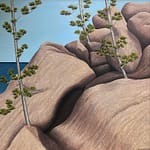 Oil Painting by Josonia Palaitis depicting large grey boulder rocks and a few pine saplings with a blue sky and ocean horizon
