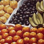 A detail of a painting of fruit by Josonia Palaitis featuring lemons and oranges and plums and banannas