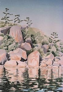 Watercolour by Josonia Palaitis depicting the reflections of boulders and tress with a blue sky