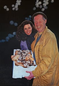 Oil painting by Josonia Palaitis depicting two friends after a day picking mushrooms with the man holding a white box full of mushrooms and the woman beside him, both smiling triumphantly as darkness sets in and the hint of a flash photograph is discerned