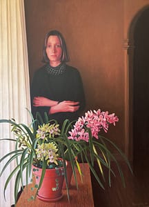 Oil painting by Josonia Palaitis depicting a woman standing awkwardly behing a vase full of orchids in flower