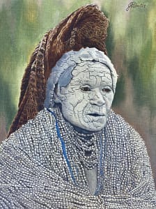 Oil painting by Josonia Palaitis depicting an old woman who is a widow from the Southern Highlands of Papua New Guinea with thick white cracking clay caked on her face wearing a brown headdress and shoulders and neck adorned with hundreds of beads