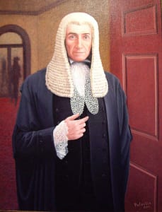 Oil painting by Josonia Palaitis depicting a man with a white wig wearing black ceremonial attire standing in a hallway