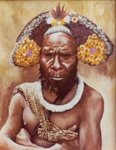 Oil painting by Josonia Palaitis titled Huli Wigman showing a man from the Papua New Guinea Highlands with arms crossed wearing a bright white shell necklace and a headdress made of yellow flowers and feathers with the strap of a billum visible over his bare shoulder
