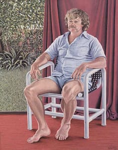 Oil painting by Josonia Palaitis depicting a man named Ed Palaitis with a moustache sitting in a chair barefoot and in shorts and a short sleeved shirt with a red curtain background and a garden visible through a window