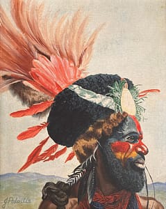 Oil painting by Josonia Palaitis depicting the profile portrait of a PNG man from the Highlands with lots of feathers from his headwear and traditional painted face in reds and blues