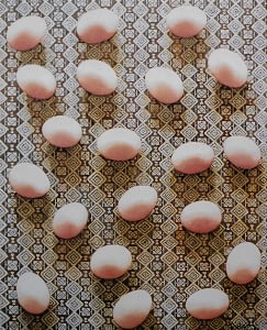 Photorealistic oil painting by Josonia Palaitis depicting an arrangement of 20 eggs on a patterned silk fabric in earthy tones