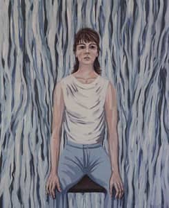 Self portrait painting by Josonia Palaitis with the artist wearing jeans and a white singlet sitting on a chair with a flowing blue and white abstract background