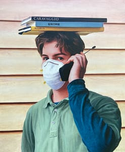 Oil painting by Josonia Palaitis depicting a man holding an old style mobile phone, wearing a white face mask standing with three books balancing on his head to create an unusual portrait