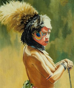 Oil painting by Josonia Palaitis of an eastern Highland woman from Papua New Guinea with a large plume of tan coloured feathers as haeddress and her face painted in vibrant colours of red, yellow and green and she stands visible from the naked torso up, seen from the side, looking to the right