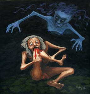 Painting by Josonia Palaitis based on Ovid's Metamorphoses depicting a naked old man biting his knee and drawing blood with a scary dark blue ghoulish figure flying above him