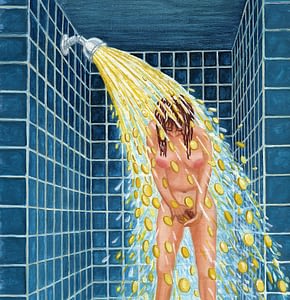 Painting by Josonia Palaitis based on Ovid's Metamorphoses depicting a naked woman showering in a blue tiled bathroom