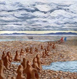 Painting by Josonia Palaitis based on Ovid's Metamorphoses depicting earthen figures appearing from the rocks beside a river with a washed up boat and low cloudy sky in the background