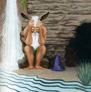Painting by Josonia Palaitis based on Metamorphoses depicting Midas with his head in his hands sitting beside a waterfall and outside of a cave with a purple hat beside him on the ground