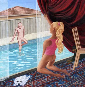 Painting by Josonia palaitis based on Ovid's Metamorphoses depicting a man getting in a pool with a woman kneeling on a patterned rug looking at him through a glass window