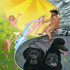 Painting by Josonia Palaitis depicting a scene from Ovid's Metamorphoses with three black dogs and naked figures in the background titled the abduction of proserpina
