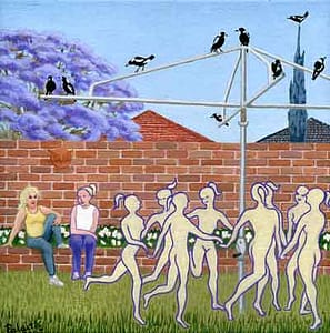 Painting by Josonia Palitis based on Ovid's Metamorphoses depicting humanoid figures dancing aroung a hills hoist washing line with magpies sitting atop and a brick wall and jacaranda tree in the background