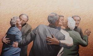 Oil Painting by Josonia Palaitis depicting three elderly couples dancing and as two couples pass each other, the two women turn to kiss eack other whilst still embraced by their male companions with the other woman being embraced and kissed on the cheek by her male companion with a beige background