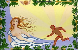 Painting by Josonia Palaitis based on Ovid's Metamorphoses depicting half a woman with long hair being pursued by a stick-like figure with large rays of sunlight in the background and a border of green leaves
