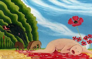 Painting by Josonia Palaitis based on Ovid's Metamorphoses depicting a naked bald man lying on the ground in a pool of blood with a black boar, wolves, poppies and a blue sky forming the backdrop