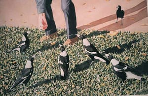 watercolour by Josonia Palaitis depicting six magpies being feed by hand on grass with prominent shadows and the legs and hand of a person wearing jeans