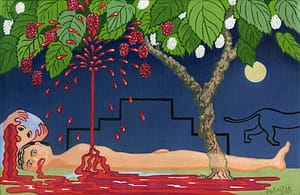 Painting by Josonia Palaitis based on Ovid's Metamorphoses depicting a man lying in a pool of blood with blood spurting up and hitting the green leaves of the tree he's underneath