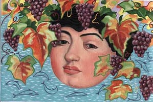 Painting by Josonia Palaitis based on Ovid's Metamorphoses depicting a fullsome and youthful head with hair made up of grapes and leaves