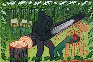 Painting by Josonia Palaitis based on Ovid's Metamorphoses depicting a shadowy figure with a chainsaw choopping the head off a man with blood spurting from his neck and a felled tree behind them in a forest setting