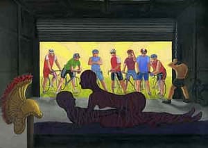 Painting by Josonia Palaitis based on Ovid's Metamorphoses depicting a couple making love with a Roman helmet on the bedhead and a group of seven cyclists in the background peering through open roller doors