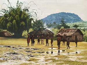 Oil painting by Josonia Palaitis depicting a village men and women standing in front of grass huts with puddles on the grass reflecting the grey sky and a mountain and large tree in the background