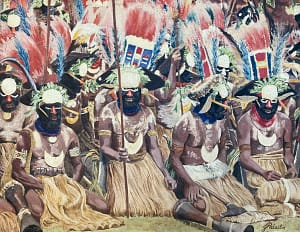 Oil painting by Josonia Palaitis depicting a sing sing in PNG with lots of men in traditional dress with lots of feathers and straw dresses