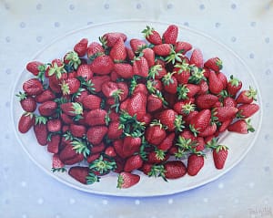 Photorealist oil painting by Josonia Palaitis depicting a large plate of strawberries placed on a white tablecloth viewed from directly above