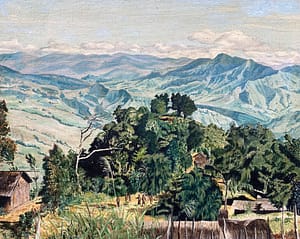 Oil painting by Josonia Palaitis depicting an expansive landscape of rolling mountains in Papua New Guinea with a small village in the foreground showing people at a distance, trees and grass huts