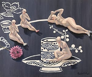 Oil painting by Josonia Palaitis depicting a still life arrangement of naked figurines sitting on a blue and white tablecloth