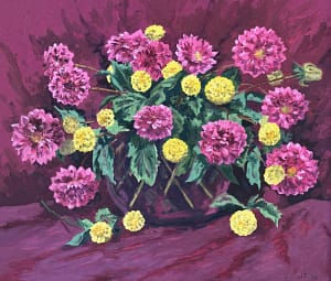 Oil painting by Josonia Palaitis depicting a still life arrangement of purple and yellow flowers in a vase