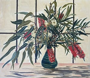 Still life oil painting by Josonia Palaitis depicting bottlebrush branches and flowers in a blue vase