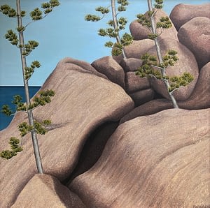 Oil Painting by Josonia Palaitis depicting large grey boulder rocks and a few pine saplings with a blue sky and ocean horizon