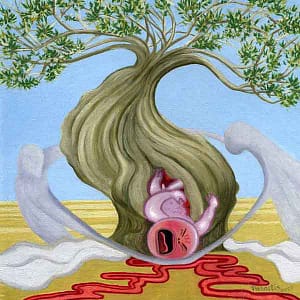 Painting by Josonia Palaitis based on Ovid's Metamorphoses depicting a screaming baby coming our of a tree trunk akin to giving birth with blood in the foreground