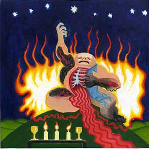 Painting by Josonia Palaitis based on Ovid's Metamorphoses depicting hercules sitting on a small mound with his chest open and showing ribs and blood pouring like a river from his body with fiery flames behind him and candles in the foreground