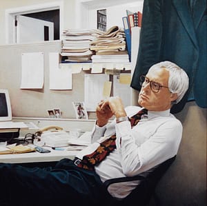 Oil painting by Josonia Palaitis depicting journalist Paul Lyneham leaning back in an office chair at his desk with lots of papers and stationery on the desk and on shelves with his jacket hanging behind him as he looks away from the viewer deep in thought wearing a white shirt and red toned tie