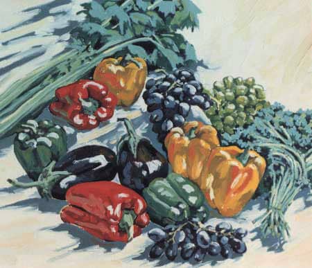 Oil painting by Josonia Palitis depicting an arrangement of capscums, eggplants and other green vegetables