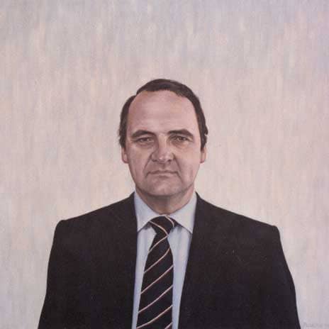 Portrait painting by Josonia Palaitis depicting politician John Down with a suit and stripy tie