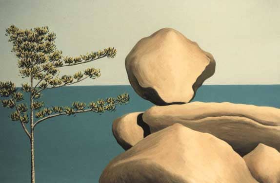Oil painting by Josonia Palaitis depicting a boulder balancing on large rocks with a small tree to the left and the ocean horizon forming the backdrop