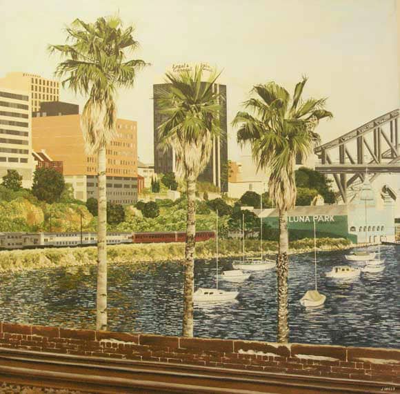 Oil painting by Josonia Palaitis depicting Lavender Bay in Sydney with three palm tress in the foreground and the Harbour Bridge in the background with boats at anchor