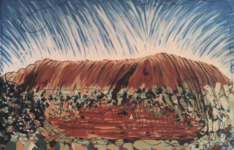 Oil painting by Josonia Palaitis depicting Uluru with a vibrant sky and greenery in the foreground