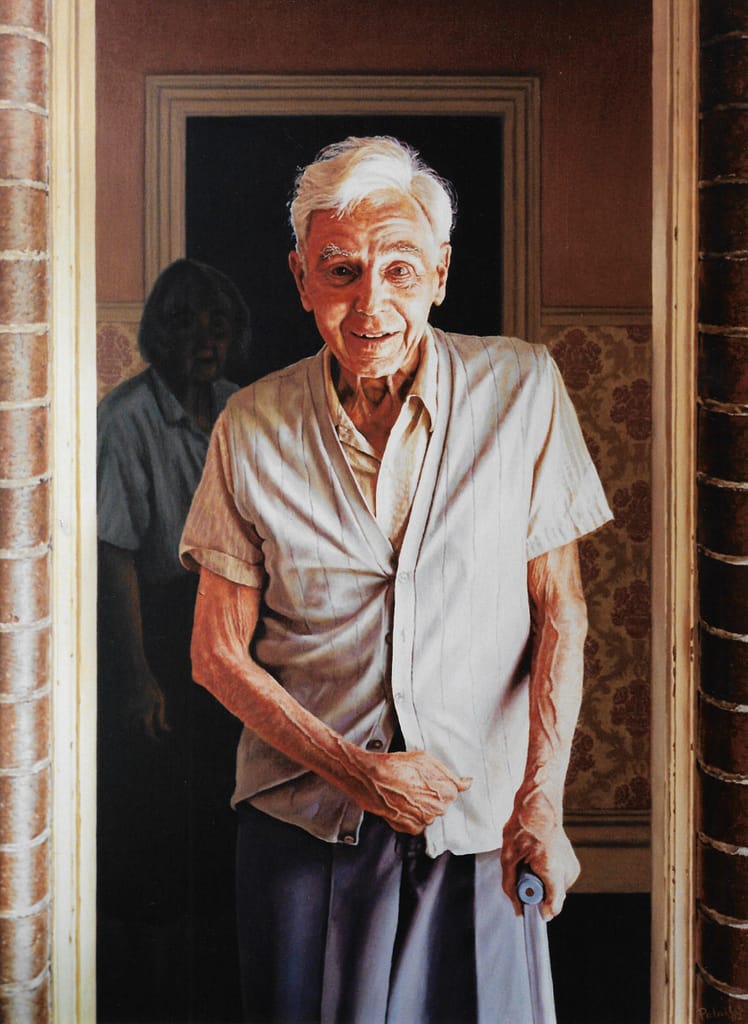 An oil painting depicting artist John Mills painted by her daughter Josonia Palaitis showing her elderly father at the entrance to a door holding a walking stick and looking at the viewer with a spirited smile