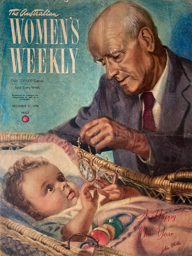 Cover image of teh Australian Women's Weekly magazine depicting an illustration by John Mills of a grandfather tending to his grand daughter who is in a cot playing with his pocket watch