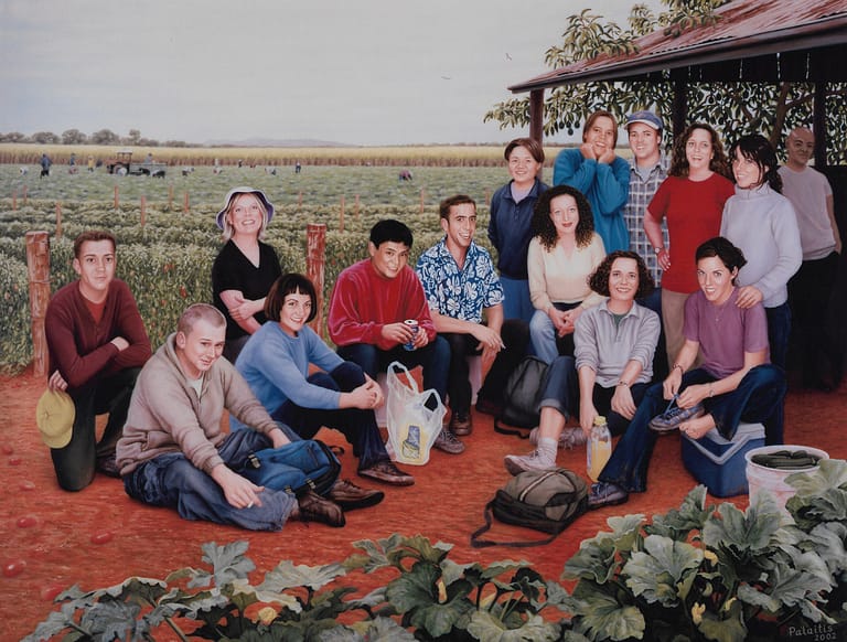 An oil painting by Josonia Palaitis depicting 15 young backpackers who died in a fire in Childers Queensland and they are shown gathered taking a break from fruit picking with red soil and in the foreground and vegetables growing in the distance with a everyone smiling all in casual dress