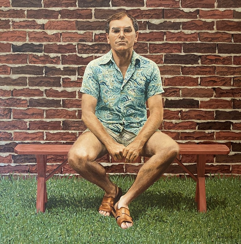 Oil painting by Josonia Palaitis depicting politician John Howard sitting on a bench in front of a brick wall wearing sandals, shorts and a short-sleeved paisley blue shirt