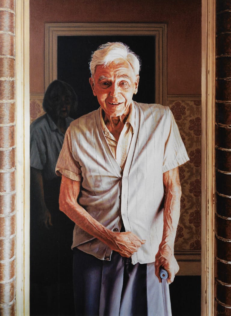 An oil painting depicting artist John Mills painted by her daughter Josonia Palaitis showing her elderly father at the entrance to a door holding a walking stick and looking at the viewer with a spirited smile